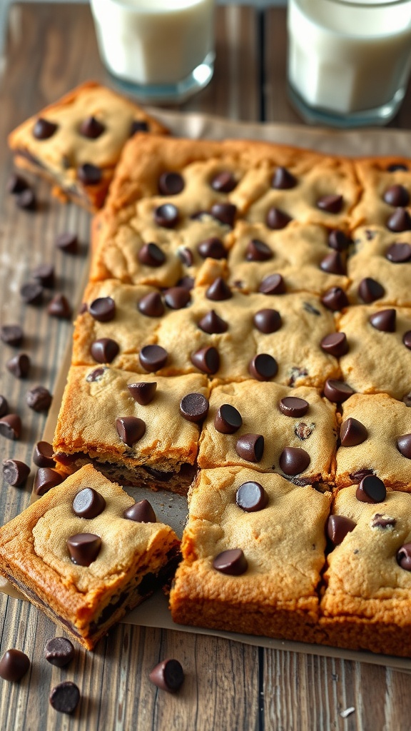 A tray of chocolate chip cookie bars, golden-brown and cut into squares, with a glass of milk.